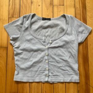 Brandy Melville Light Blue Ribbed Button Front Short Sleeve Crop Top 100% Cotton